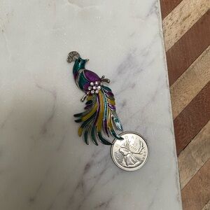 Vintage - Silver Turquoise Purple Enamel Peacock Brooch